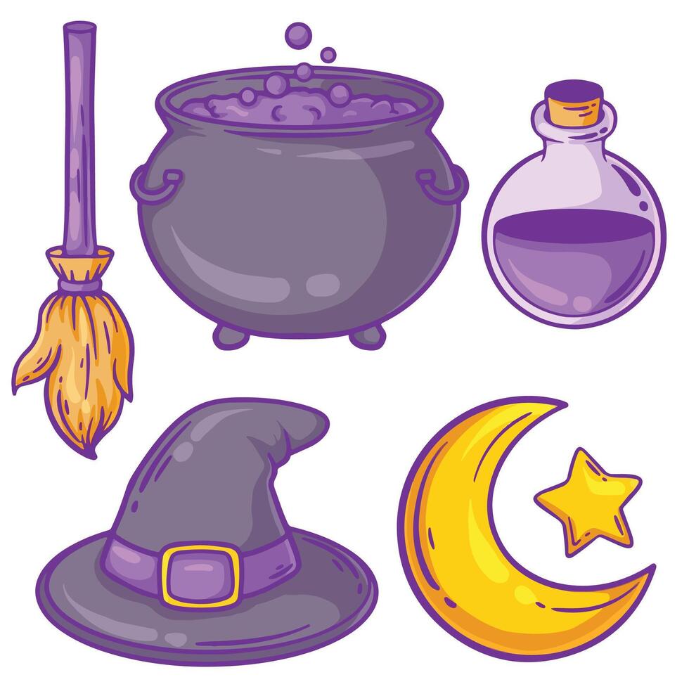 Set Halloween elements cauldron witch hat broom cauldron potion illustration vector