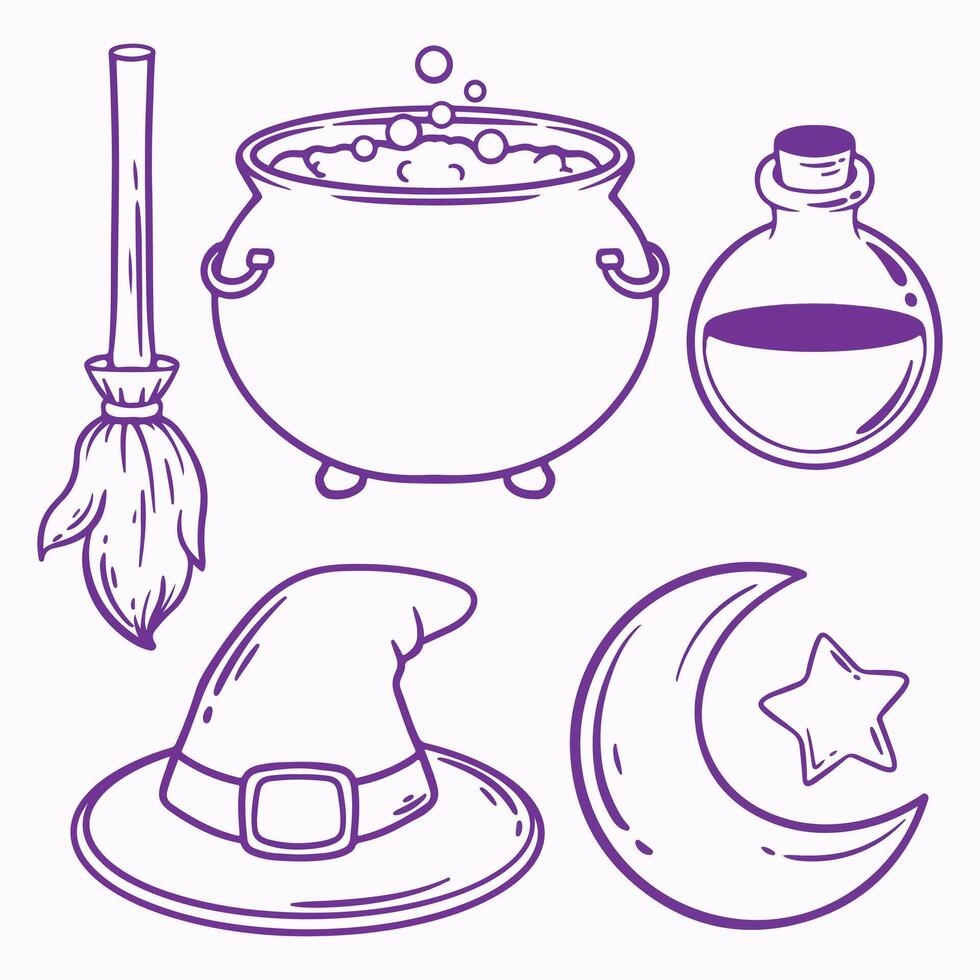 Set of Halloween elements cauldron witch hat broom cauldron potion illustration vector