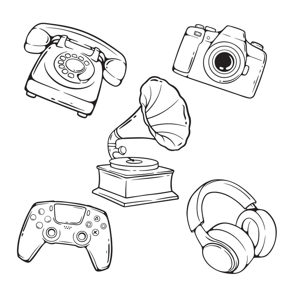 Hand drawn retro telephone, camera, headphones and gamepad. illustration. vector