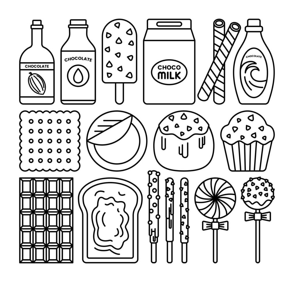 Chocolate outline icons including bars, spreads, drinks, desserts, and treats. Perfect for World Chocolate Day, food designs, and sweet themed graphics. vector