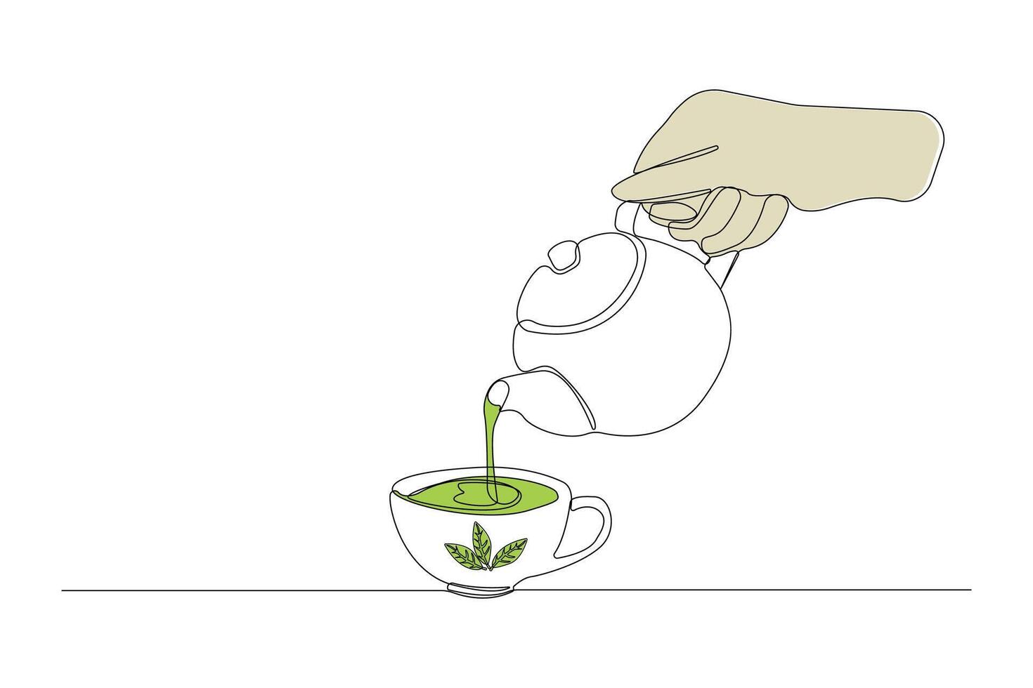 Hand-drawn matcha tea line art drawing. Hand pouring matcha tea linear icon vector
