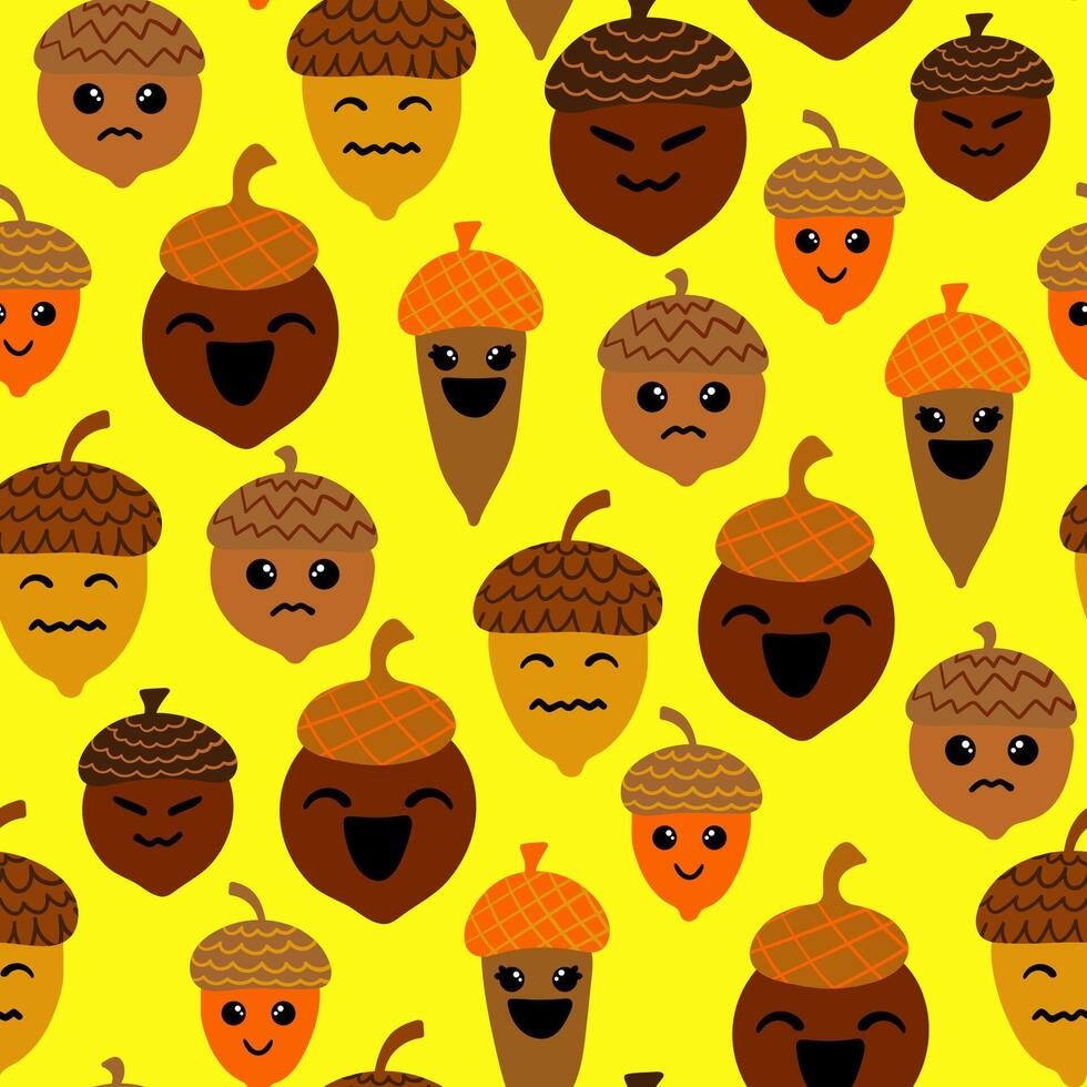 kawaii oak nut pattern with expressive emoji faces adorable seasonal illustration with smiling and frowning acorns on yellow fall woodland kids print vector
