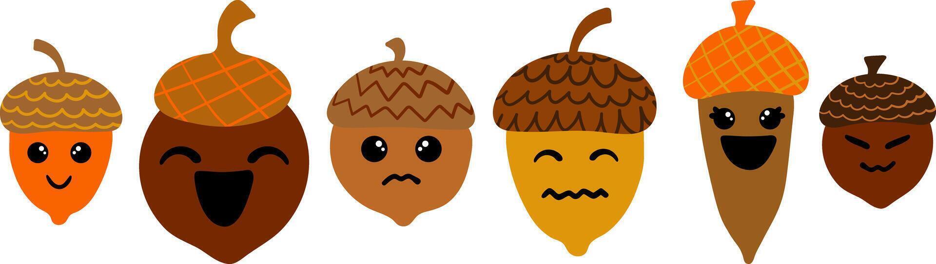kawaii autumn acorns cute cartoon characters set various emotional expressions for fall season designs children's projects oak nuts vector
