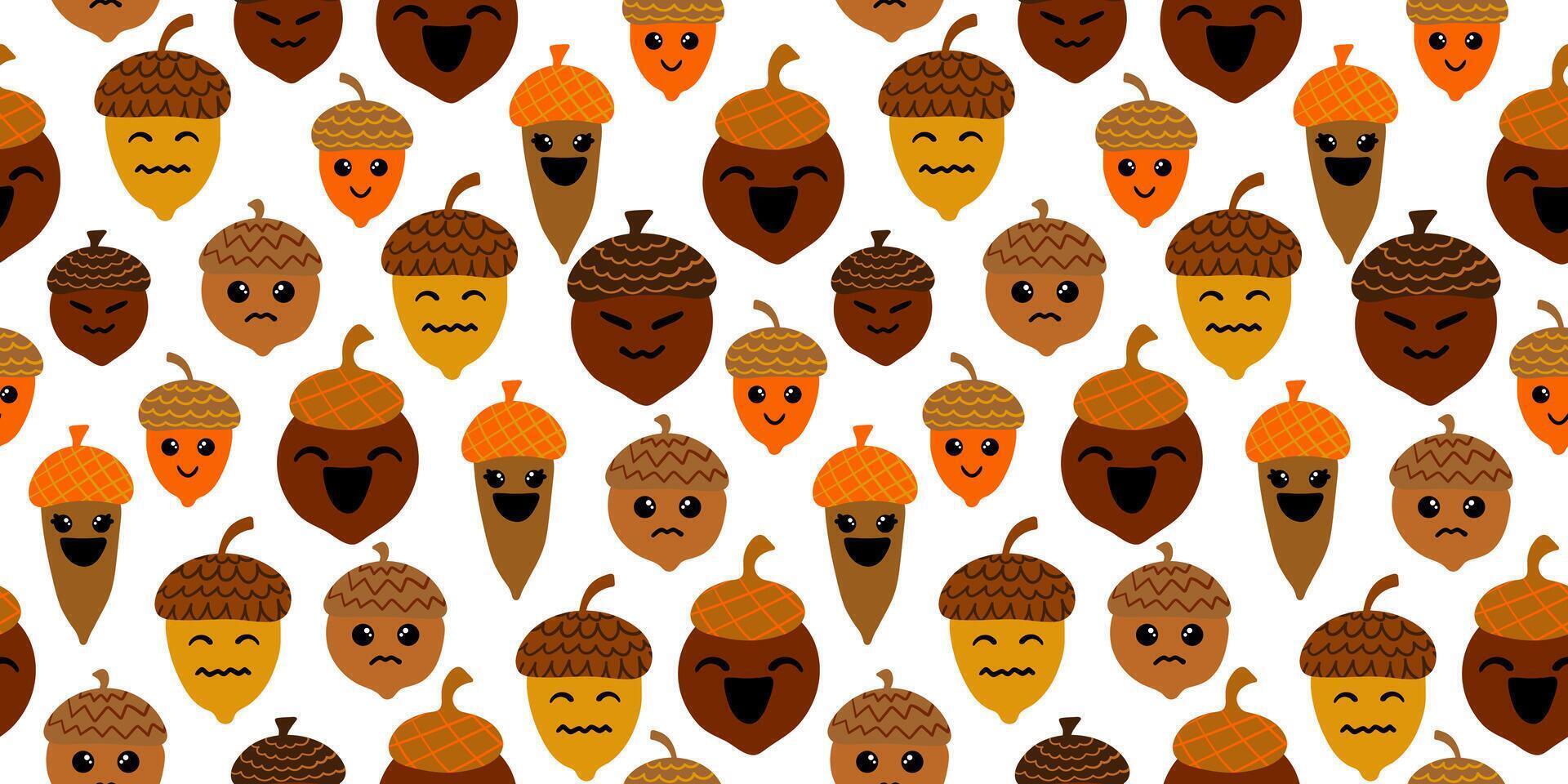 happy and sad acorns pattern emotional cartoon nuts in colorful autumn palette on white backdrop funny seamless texture for children and nursery design vector