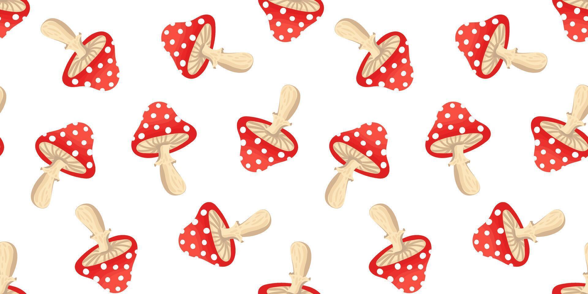 fly agaric mushrooms seamless pattern vibrant red and white toadstools on clean background whimsical nature design vector