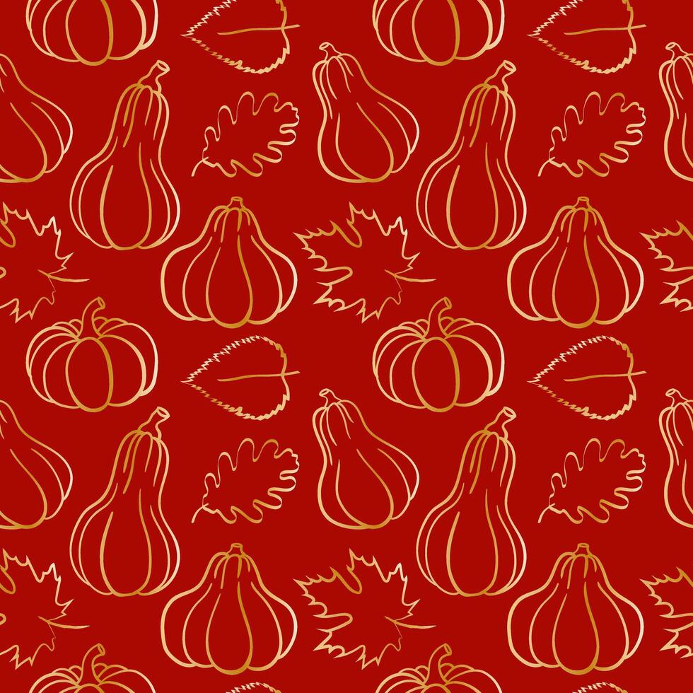 chic decorative texture for Thanksgiving with delicate golden lines of pumpkin and various autumn leaves seamless autumn pattern red background vector
