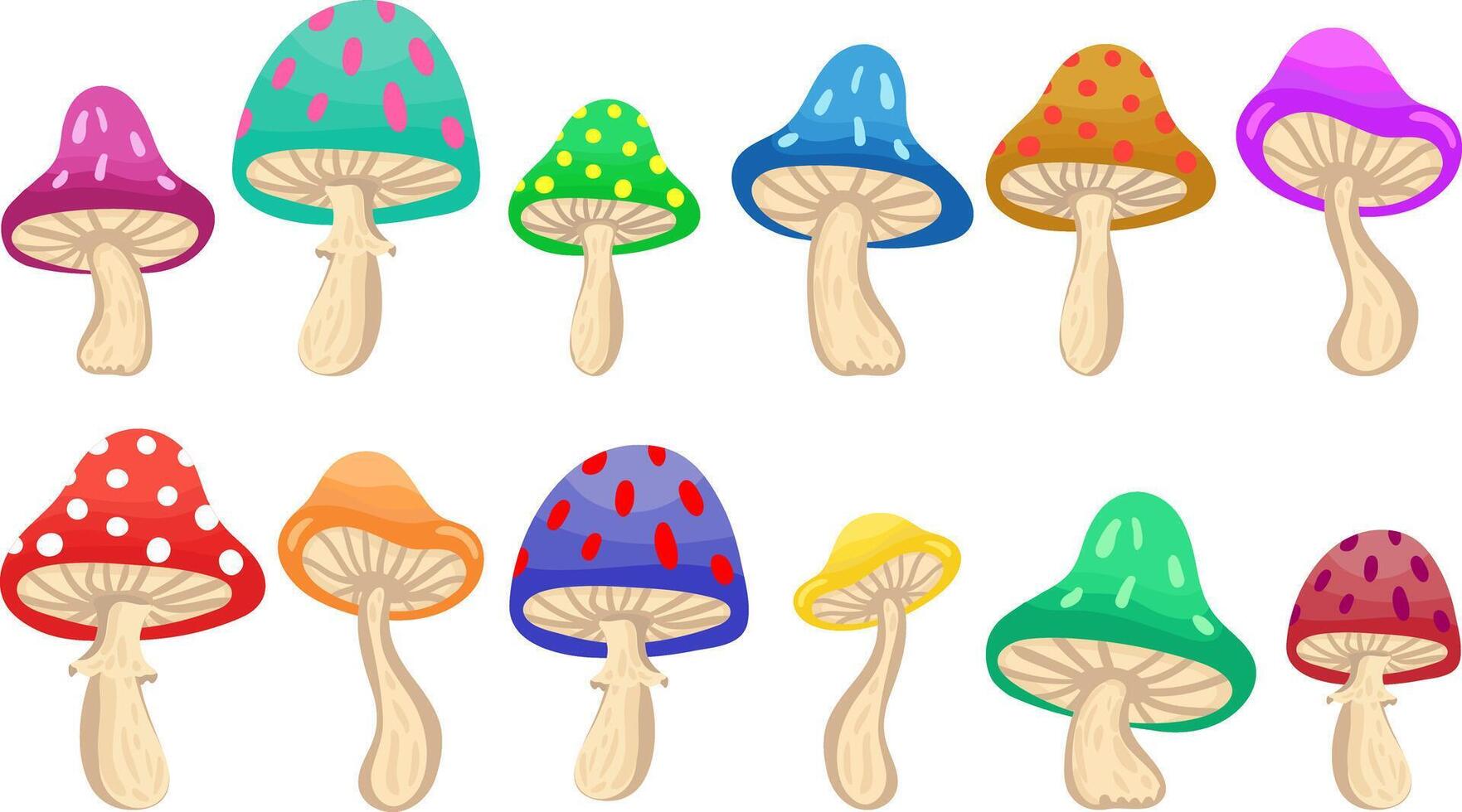 multicolored whimsical mushrooms set cartoon illustrations vibrant fungal elements for playful designs cute fantasy graphic objects vector