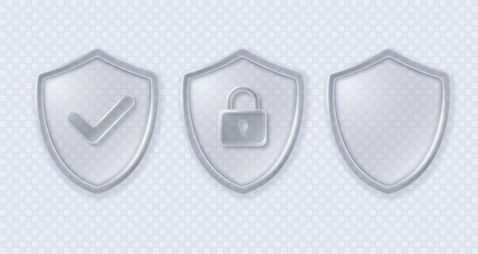 Set of shields with approval check mark and closed padlock in transparent glass style. vector