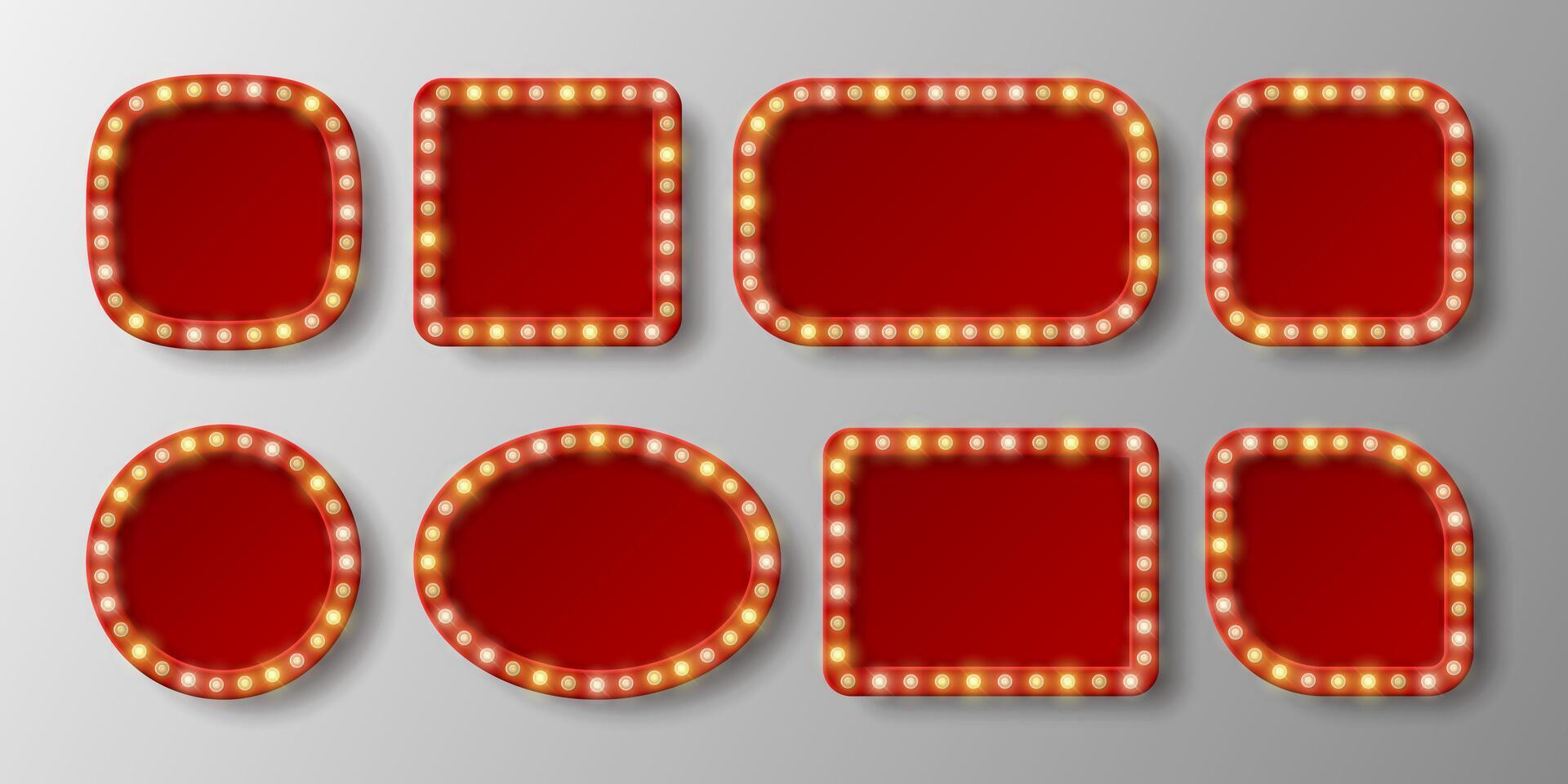 Red retro shields signs of different shapes with glowing yellow neon lights and shadows isolated on light background. vector