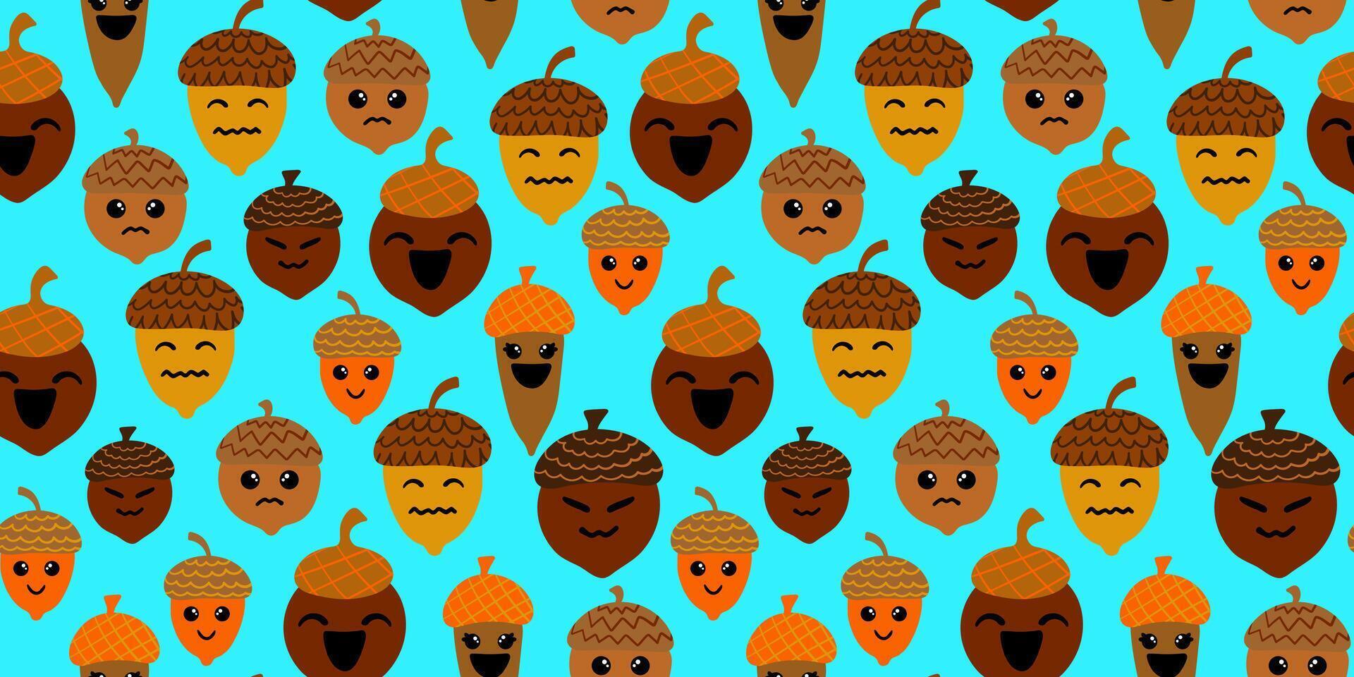 seamless pattern with cute acorn emoji faces autumn nut characters in kawaii style on bright blue background fall kids digital paper for thanksgiving vector