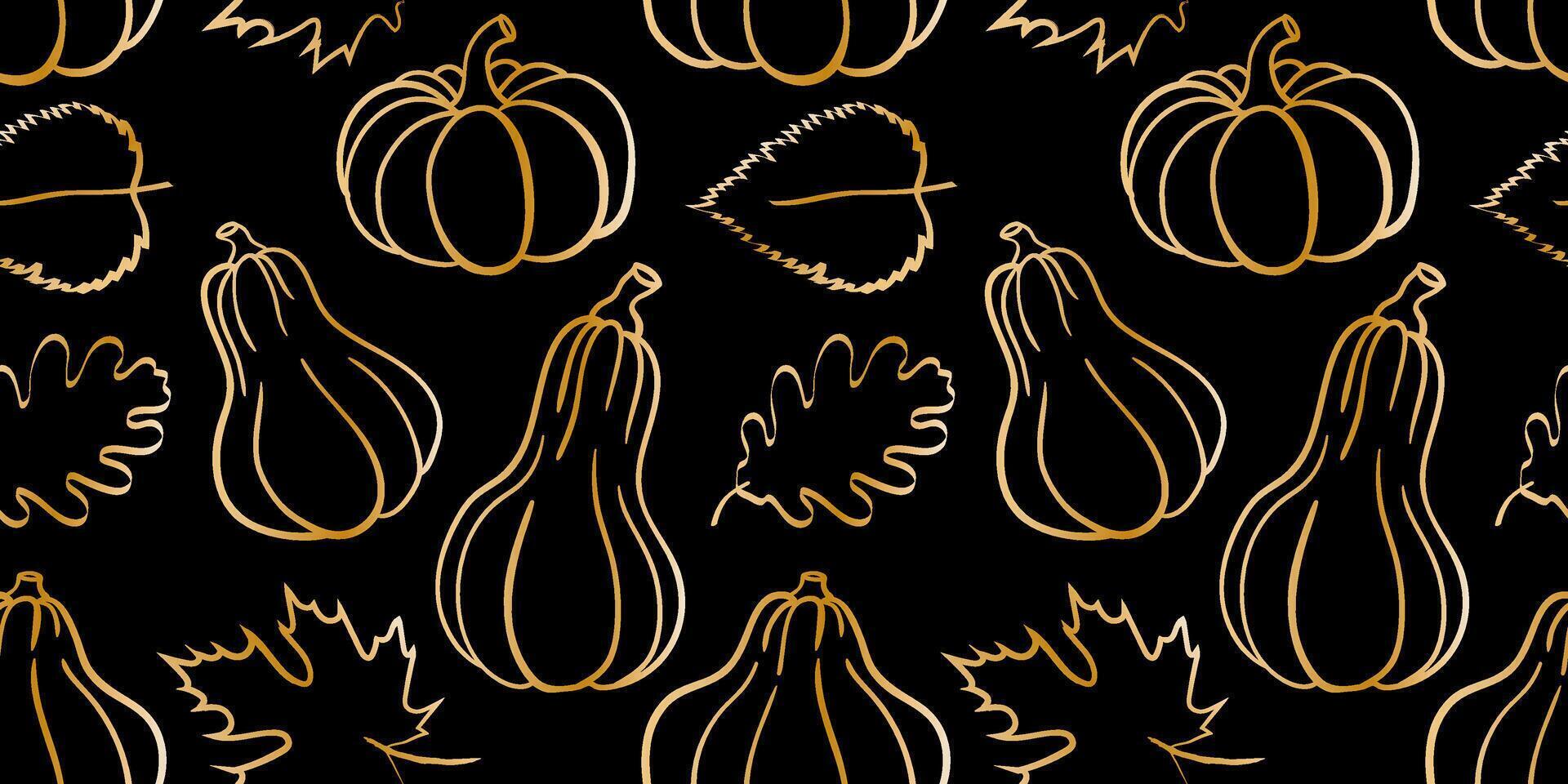 elegant golden outline pumpkins autumn leaves seamless pattern black background fall harvest design luxurious minimalist festive botanical wallpaper vector