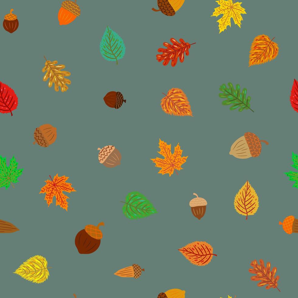 fall season seamless pattern with scattered colorful autumn leaves and acorns on a muted grey background for natural design vector