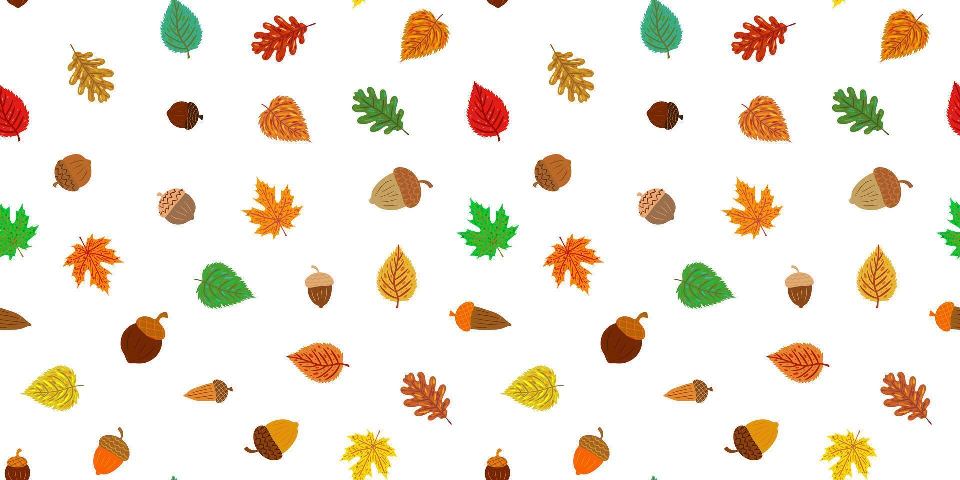 diverse foliage seamless pattern with scattered colorful autumn leaves acorns nuts cheerful warm decorative backdrop for september october november vector