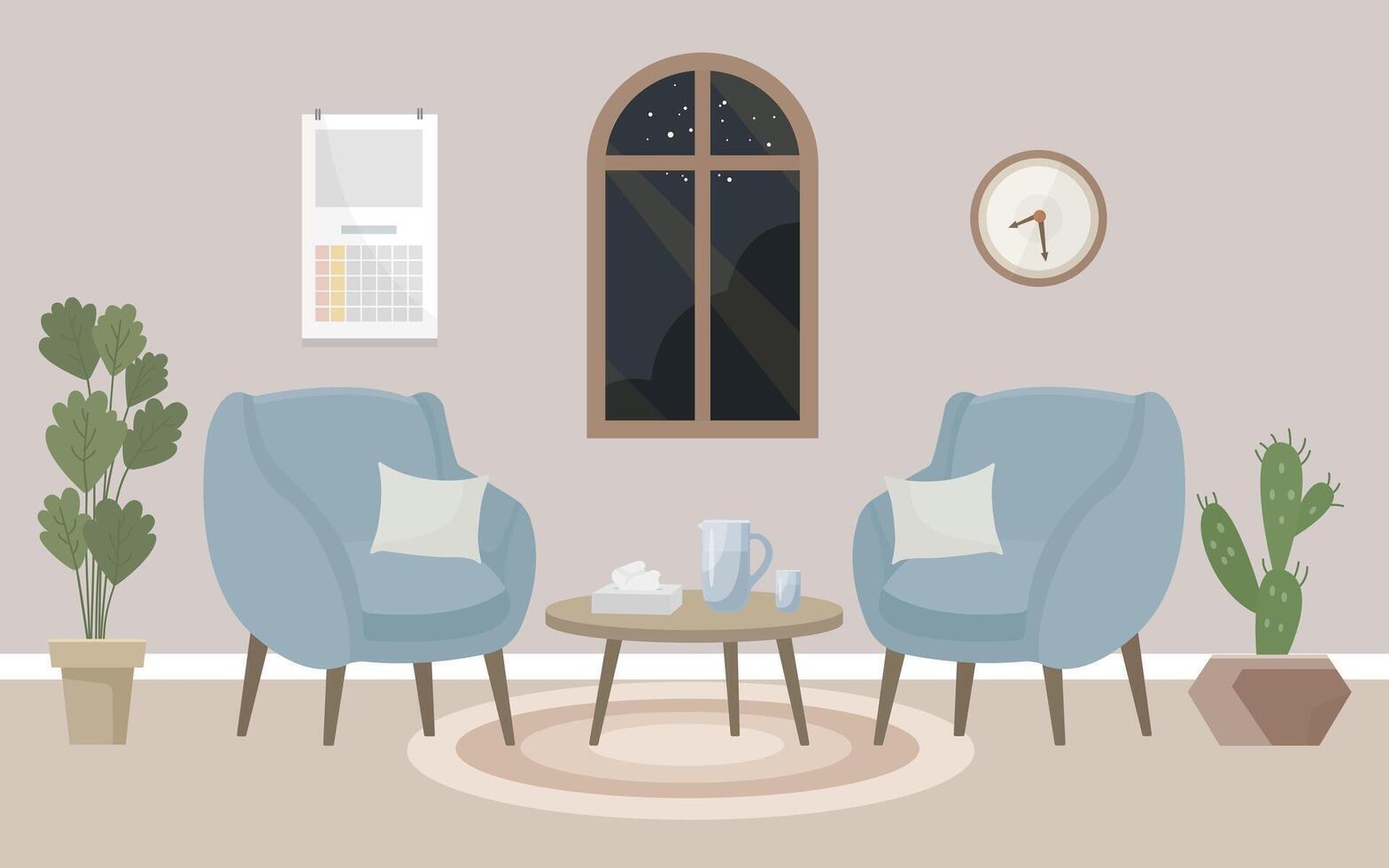 Psychologist's office, a cozy room with two armchairs, a window, paper napkins and potted plants. Evening session. Interior concept. Flat illustration. vector