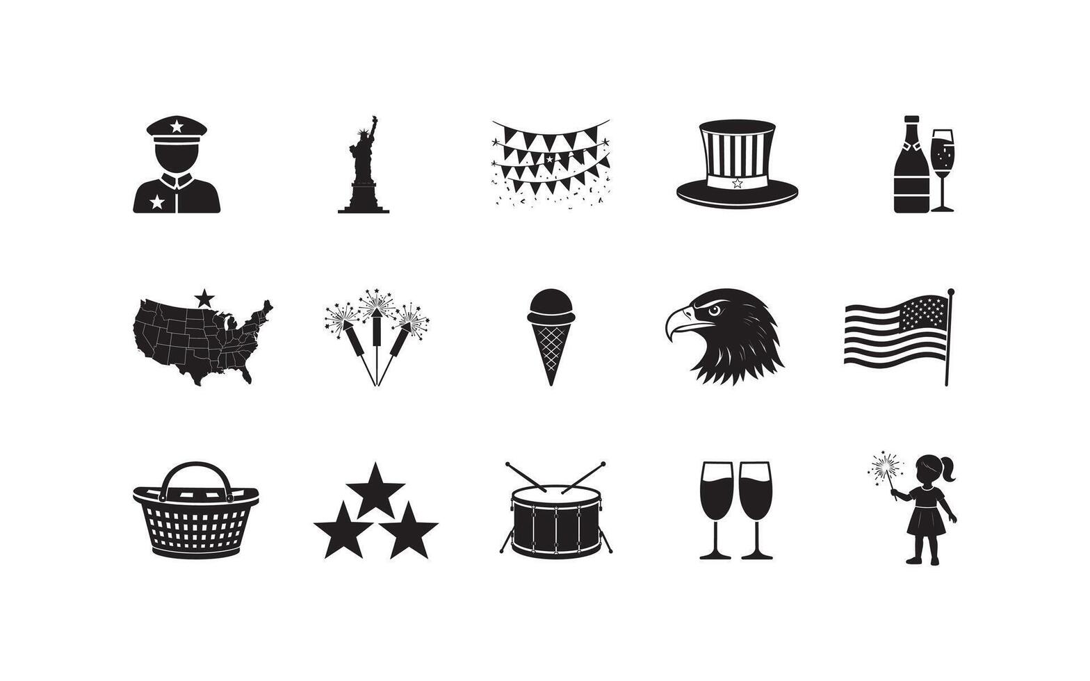 A collection of black and white icons symbolizing Independence Day celebrations, including patriotic symbols, festive items, and traditional motifs with national pride and holiday events. vector
