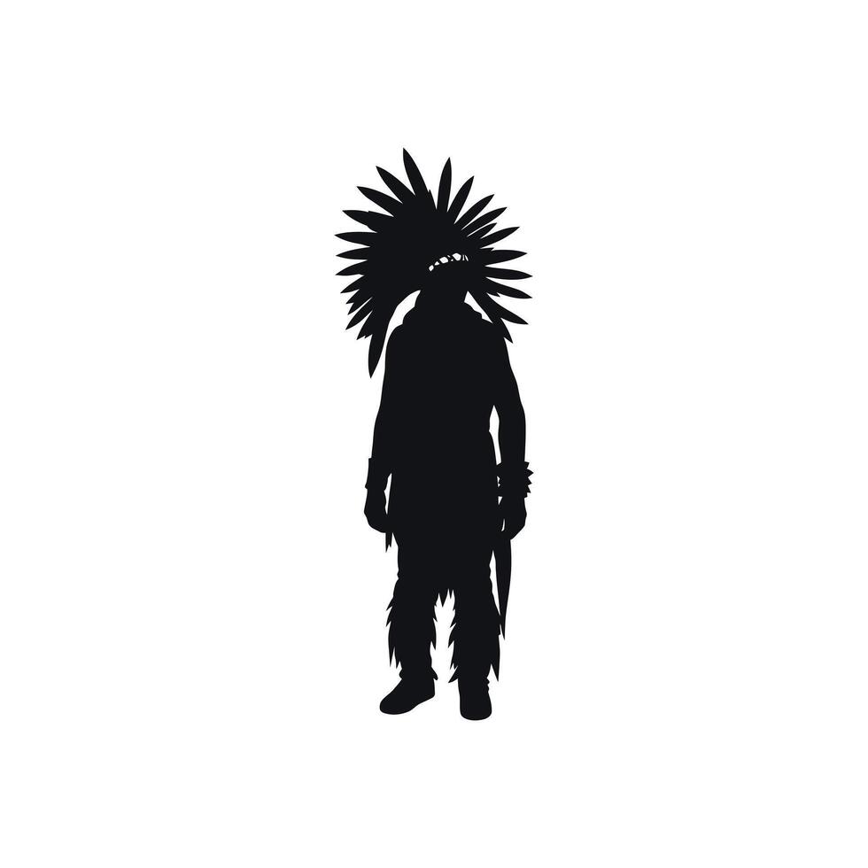 Silhouette of a Native American warrior in a traditional feathered headdress graphic for cultural and historical themed projects vector