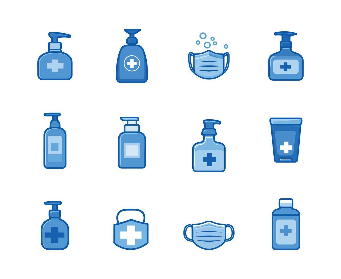 Flat Icon Set Handwashing Sanitizer Face Mask Social Distancing Health Safety Theme vector