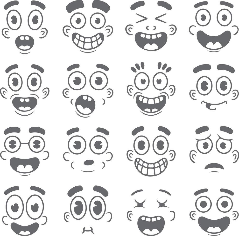 Sixteen Gray Cartoon Faces Showing Diverse Expressions Happy Surprised Winking Sad Silly Silhouette Style Illustrations vector