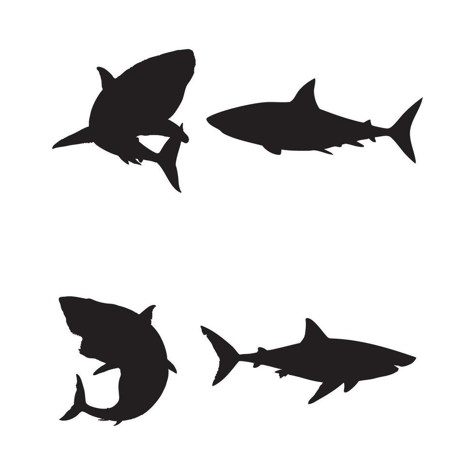 Black Shark Silhouette Set Swimming Shark Icons Collection Isolated on White Background vector