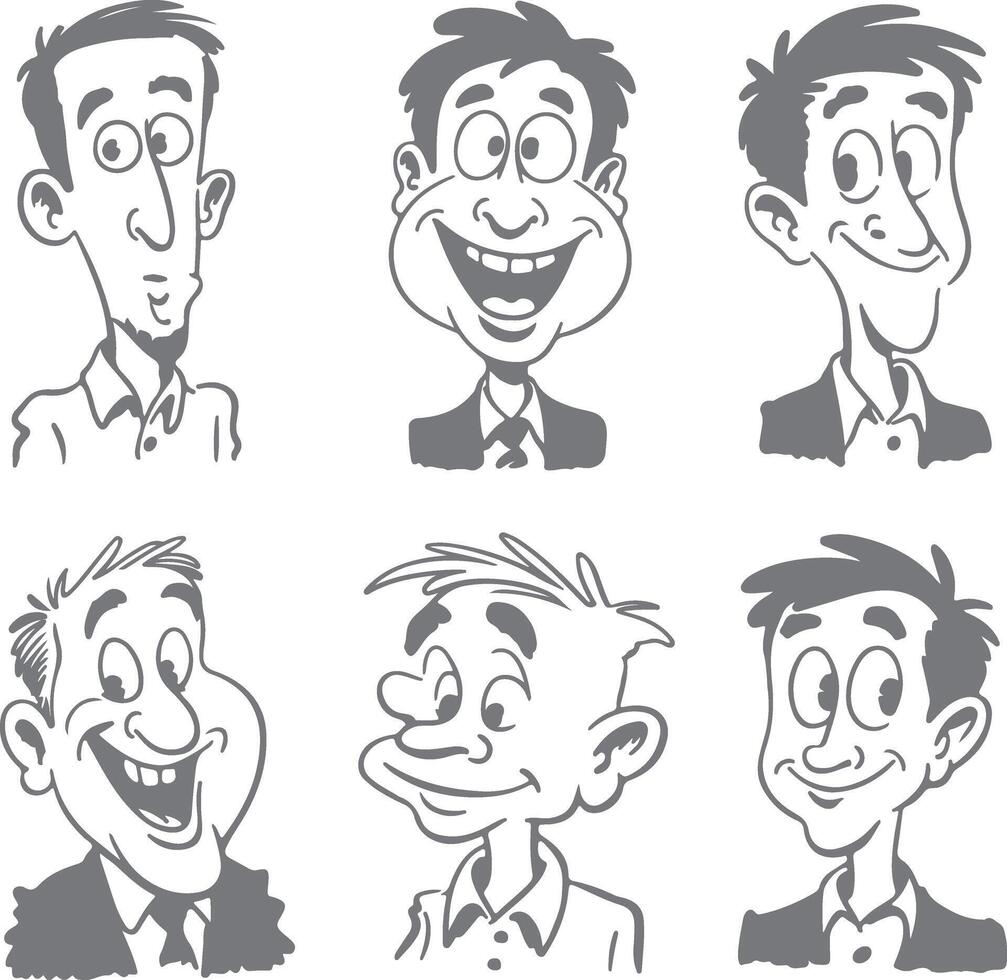 Six grayscale cartoon male head and shoulders silhouettes various expressions joyful surprised pensive vector