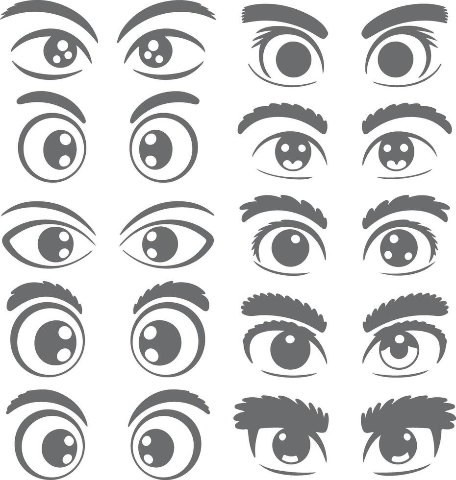 Collection of Gray Cartoon Eyes Silhouettes Various Styles Eyebrows Expressions Set of Eye Designs for Animation vector