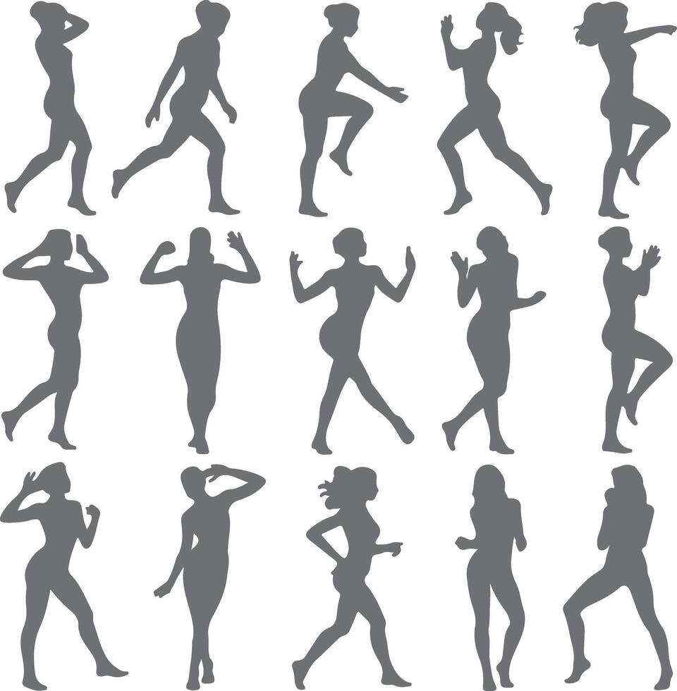 Fifteen Gray Female Silhouettes in Various Poses Dynamic Action Figures Woman Body Shapes Collection vector