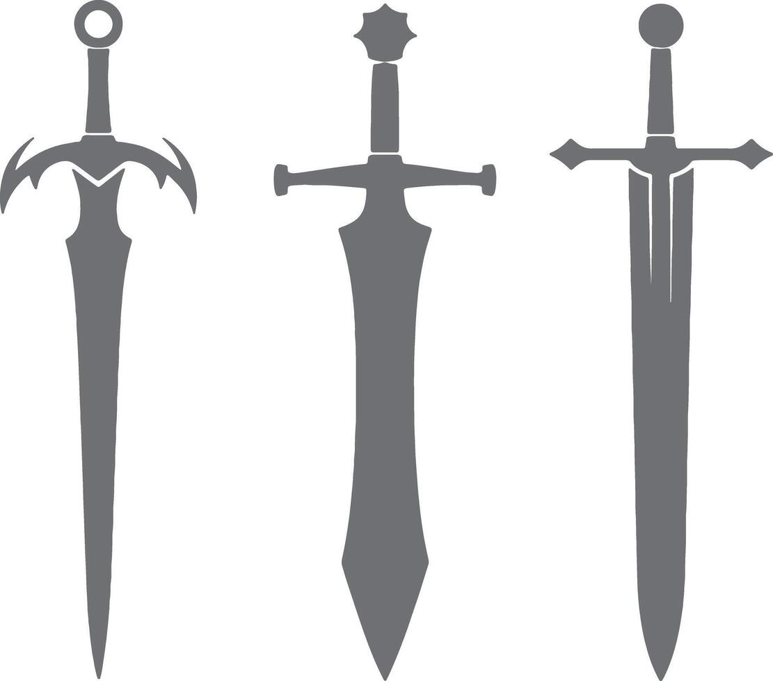 Three Gray Sword Silhouettes Different Designs Medieval Fantasy Weaponry Set Simple Flat Illustration vector