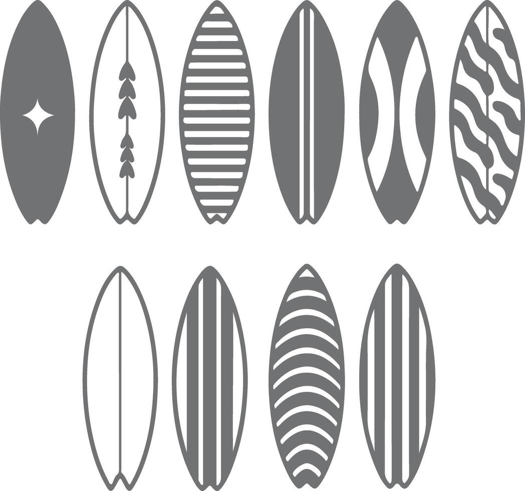 Twelve Grey and White Surfboard Silhouettes with Varied Designs Collection of Paddleboard Icons Graphic Elements for Water Sports Branding vector