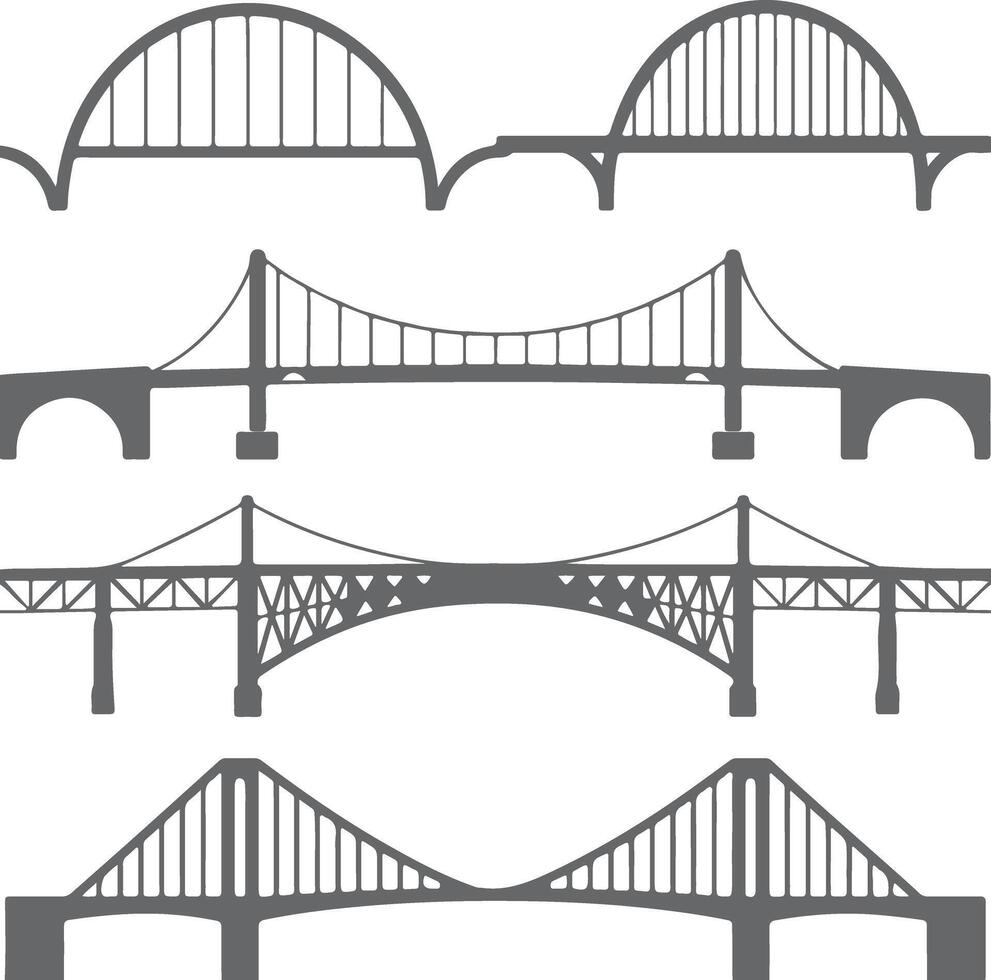 Five Gray Bridge Silhouettes Different Types Arch Suspension Cable Stay Structures Engineering Transportation Infrastructure Design Elements vector