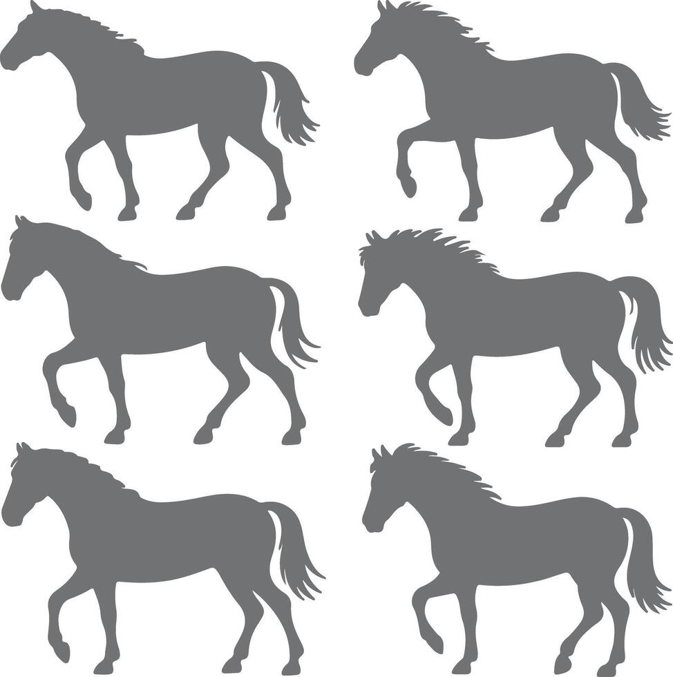 Six Grey Horse Silhouettes Various Poses Side Profile Equine Animals Farm Animals Gray Color Palette Simple Design Graphic vector