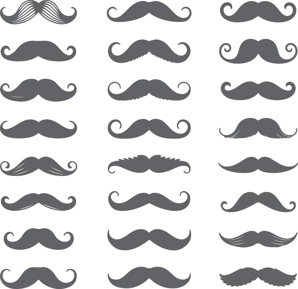 Collection of Gray Mustache Silhouettes Various Styles and Shapes Set of Twenty Different Mustaches Icons Isolated on White Background vector