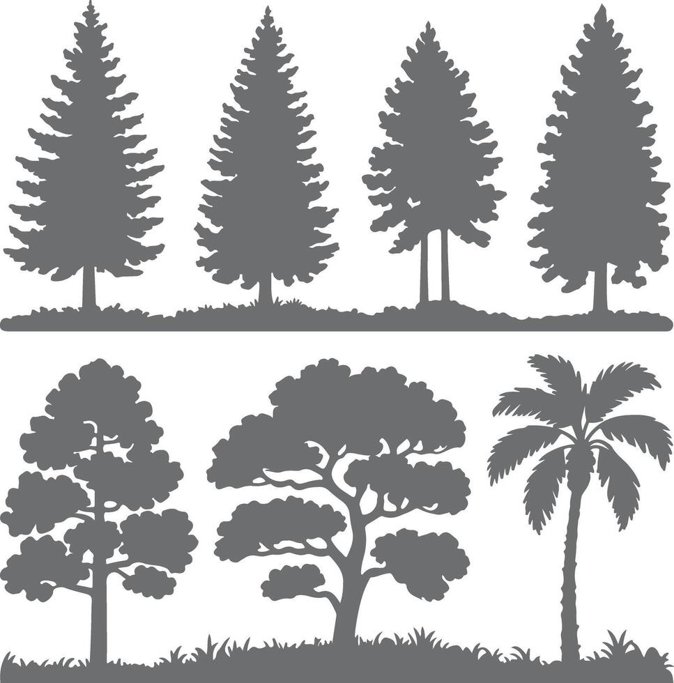 Gray Silhouette Collection Diverse Trees Forest Landscape Design Elements Set Various Shapes Coniferous Deciduous Palm Trees Grass Background vector