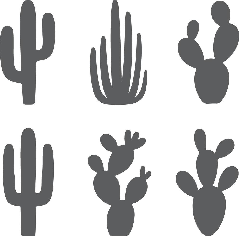 Six Gray Cactus Silhouette Illustrations Desert Plants Botanical Icons Simple Flat Design Elements Set vector