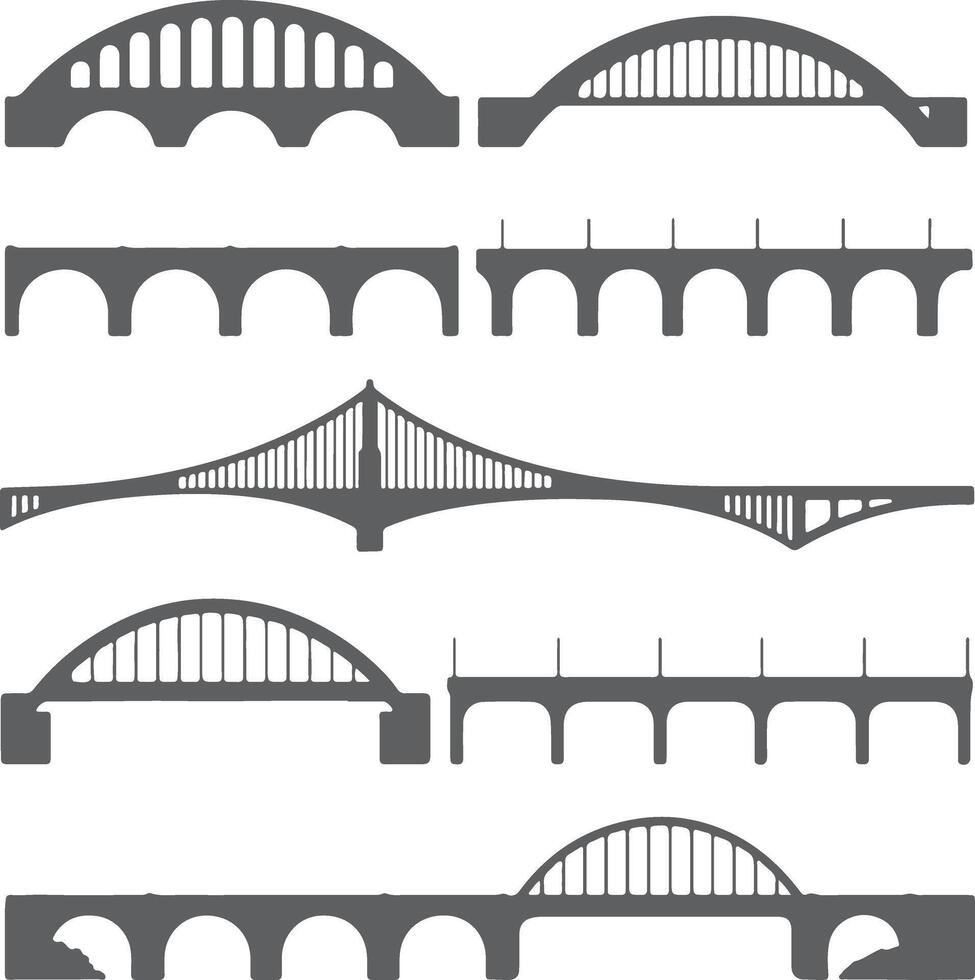 Eight Gray Bridge Silhouettes Various Designs Arch Suspension Structures Collection Graphic vector