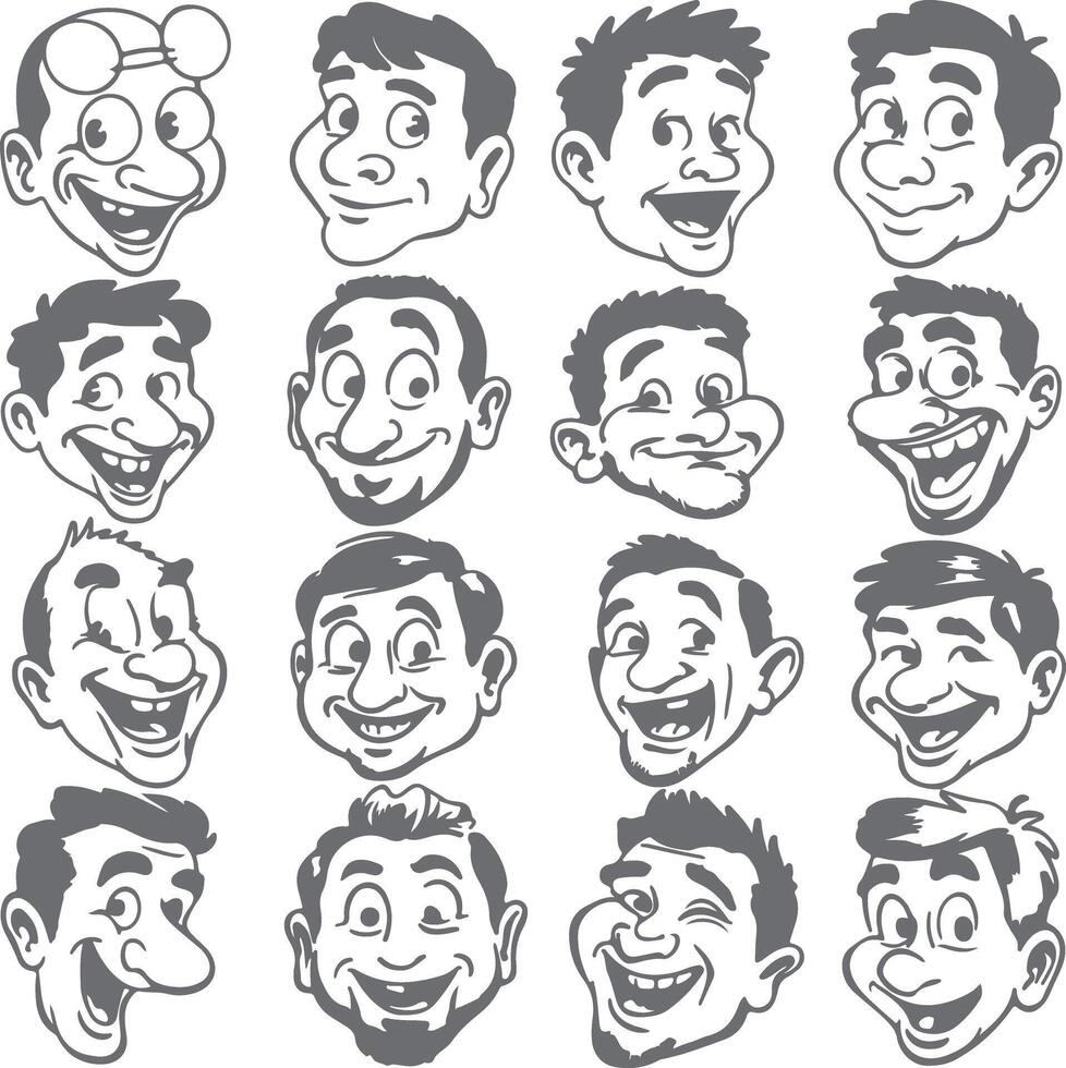 Sixteen Gray Scale Cartoon Men Heads Smiling Diverse Expressions Happy Faces Silhouette Collection Art vector