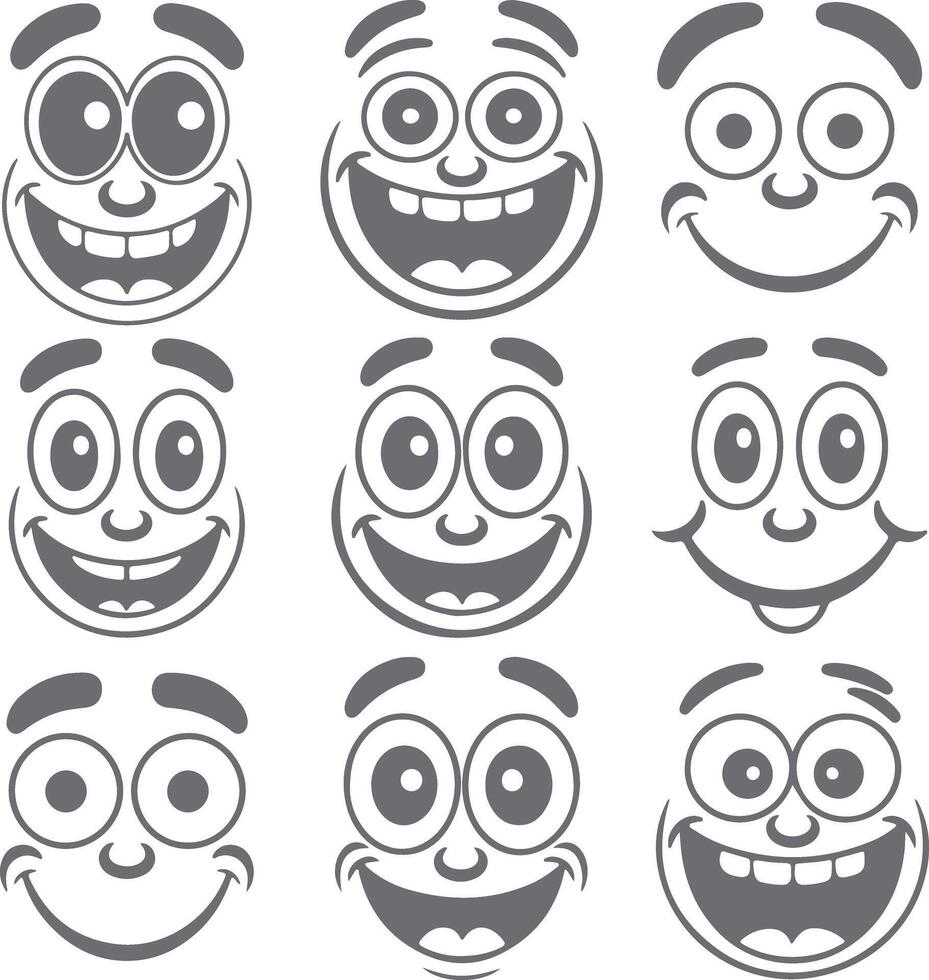 Nine Gray Cartoon Face Silhouettes with Varying Expressions Happy Smiling Wide Eyes Big Mouths vector