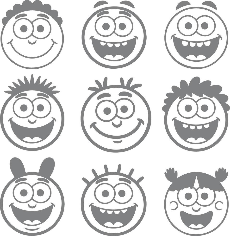 Nine Gray Cartoon Character Faces Smiling Joyful Expressions Large Eyes Happy Silhouettes Childlike Fun vector