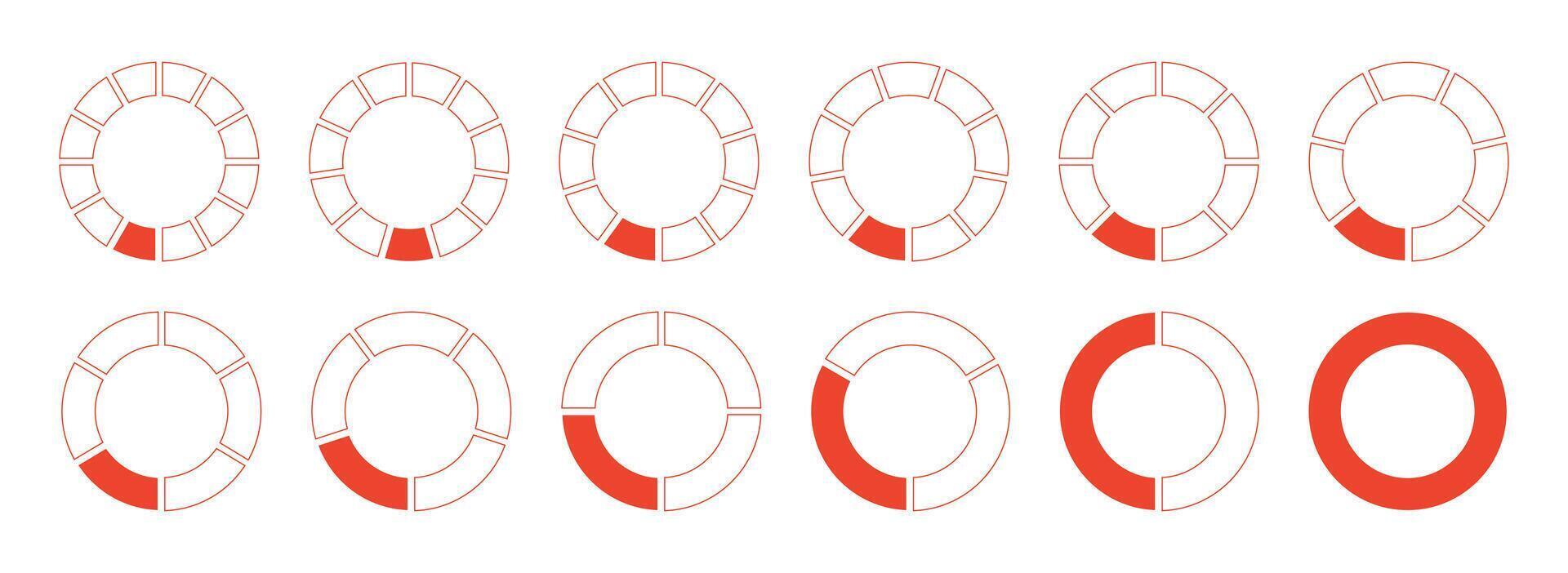 Circles divided diagrams 1, 2, 3, 10, 7, 8, 9, 10, 11, 12 equal parts. Graph pie, pizza shape section charts icons. Coaching blank flat template. Set of red segments wheel round divide infographic. vector