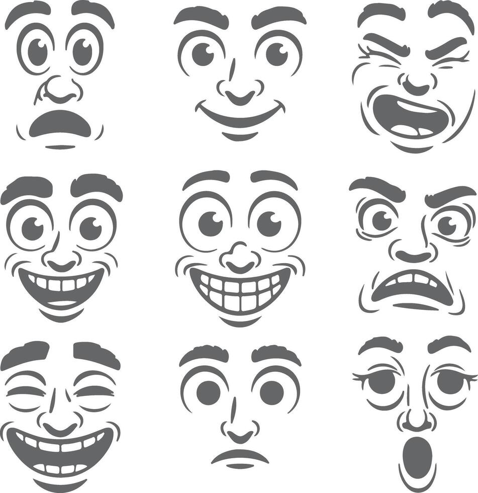 Nine Gray Scale Cartoon Faces Displaying Various Emotions A Collection of Simple Hand Drawn Style Facial Expressions Including Happy Sad Angry vector