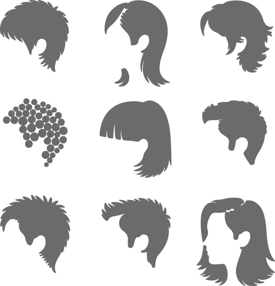 Nine Gray Hairstyle Silhouettes Collection Various Womens Hair Styles Side Profile Views Abstract Gray Scale Graphic Design Elements vector