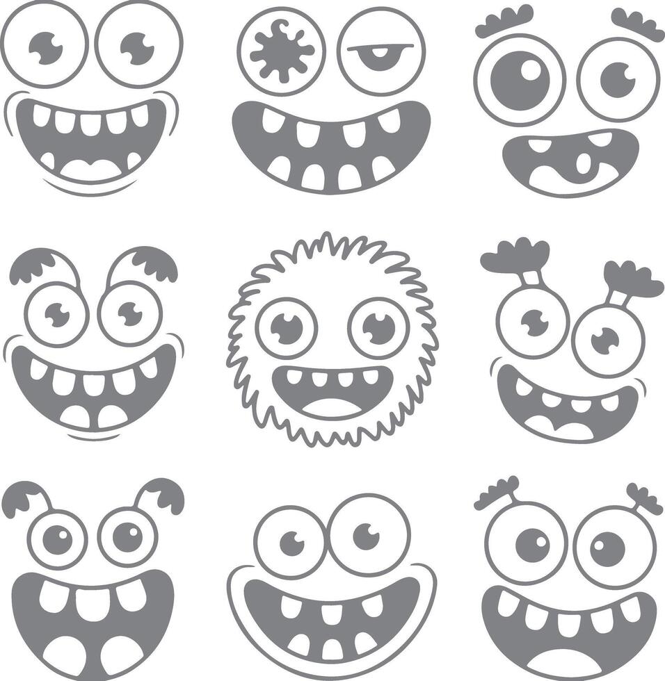 Nine Gray Scale Cartoon Monster Faces with Varying Expressions Big Eyes Wide Smiles and Furry Texture One Fluffy Monster Silhouette vector