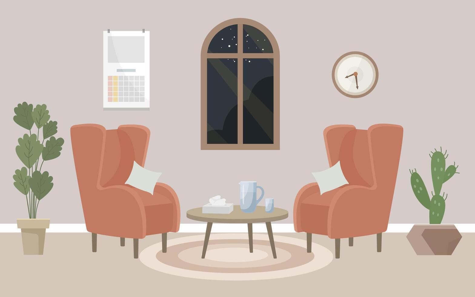 Psychologist's office, a cozy room with two armchairs, a window, paper napkins and potted plants. Evening session. Interior concept. vector