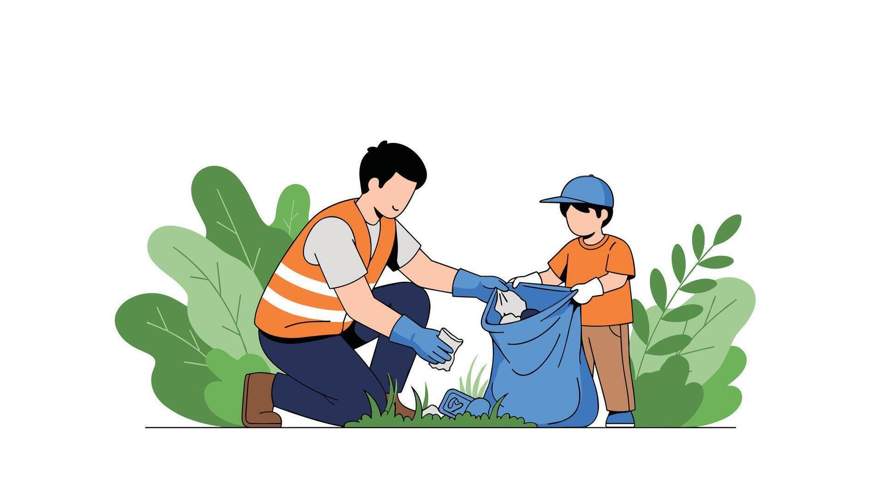 Community Cleanup Efforts A Father and Son Volunteering Together to Pick up Trash vector