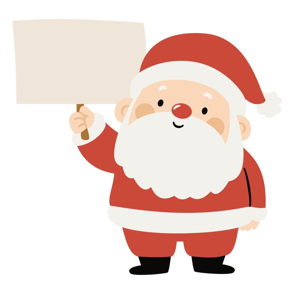 Cute Santa Claus in childish simple style holds a sign, a place for your text. Flat illustration on white background vector