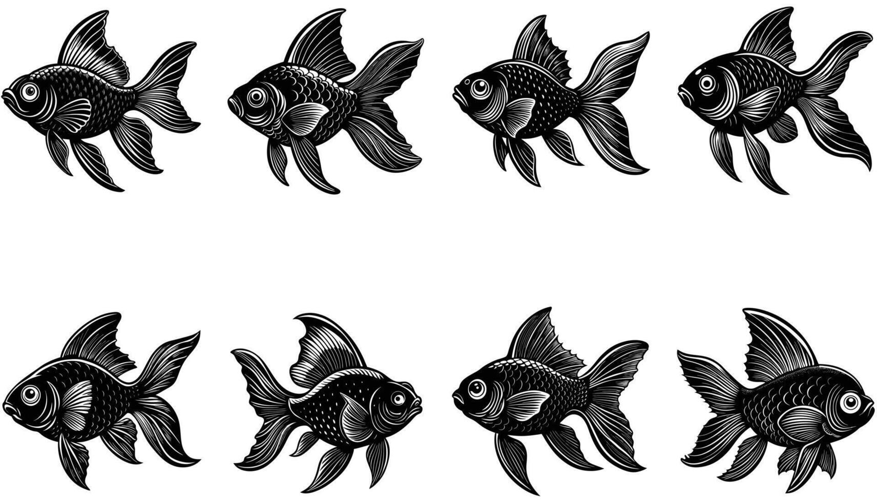 Eight black goldfish silhouettes in a row vector