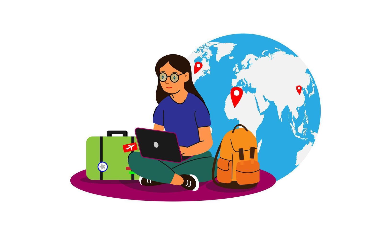 Female digital nomad with laptop sitting near luggage and globe with travel location markers vector