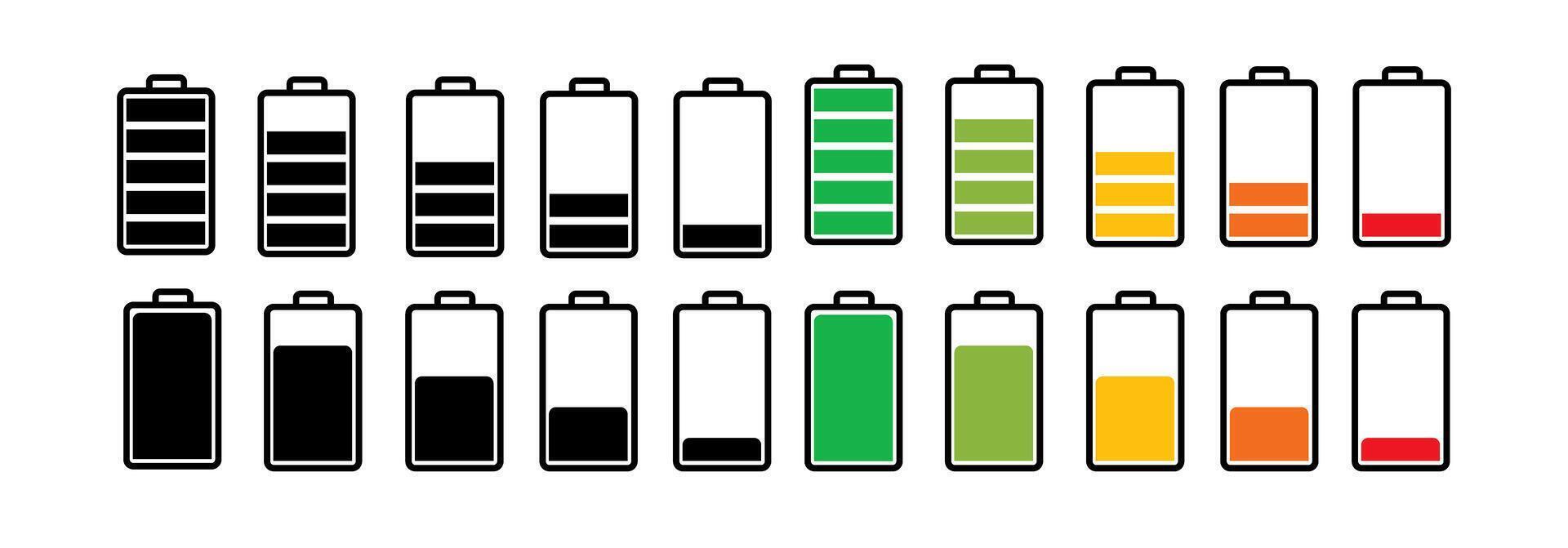 Battery charge many color flat icons. Battery charging, charge indicator vector