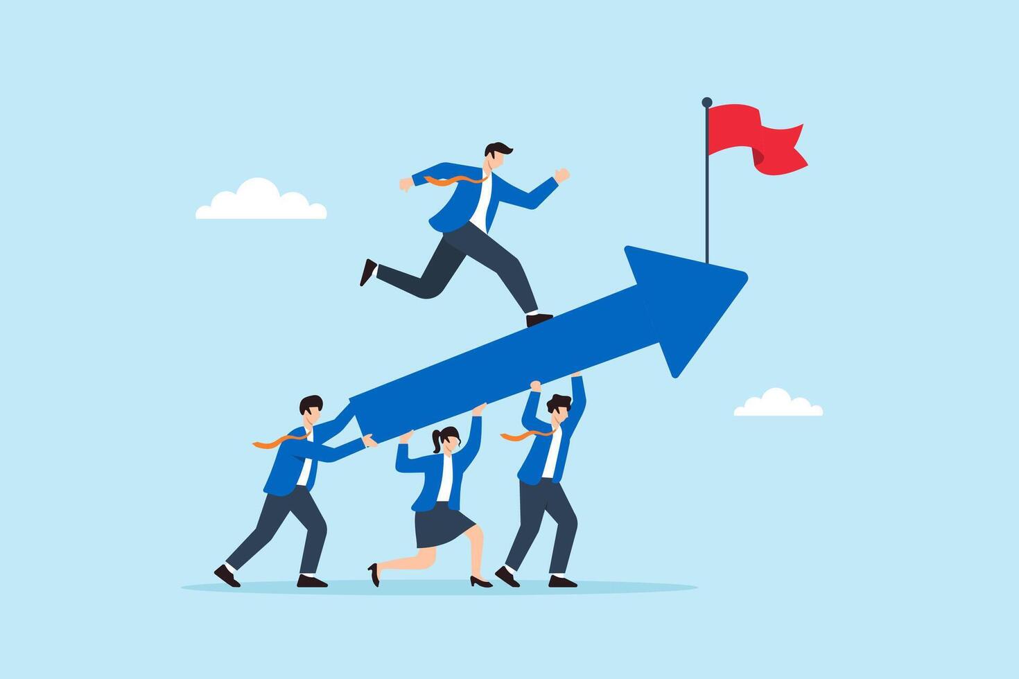 Flat illustration of business team supporting upward arrow while leader runs on top to reach red flag symbolizing achievement and collective success vector