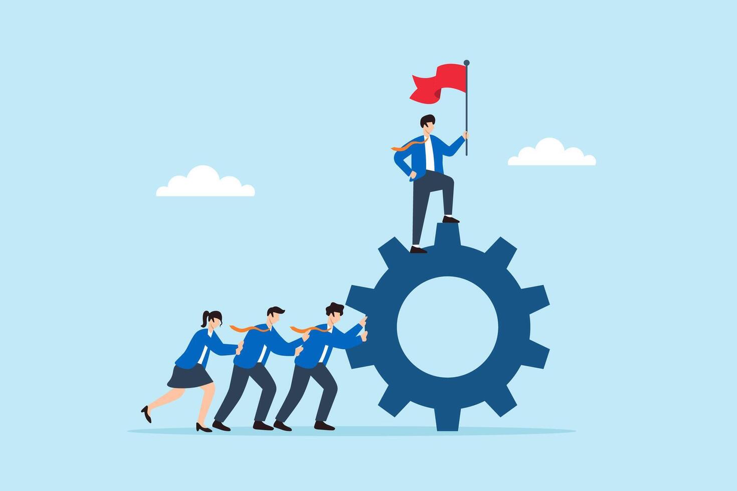 Flat illustration of business leader holding flag on top of giant gear powered by team members to symbolize teamwork and driving success together vector