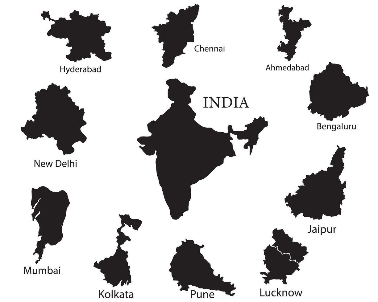 India with outlines of major cities, black outline city vector